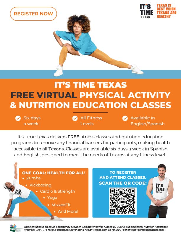Tờ thông tin về Lớp học Giáo dục Dinh dưỡng & Hoạt động Thể chất Ảo Miễn phí ở Texas