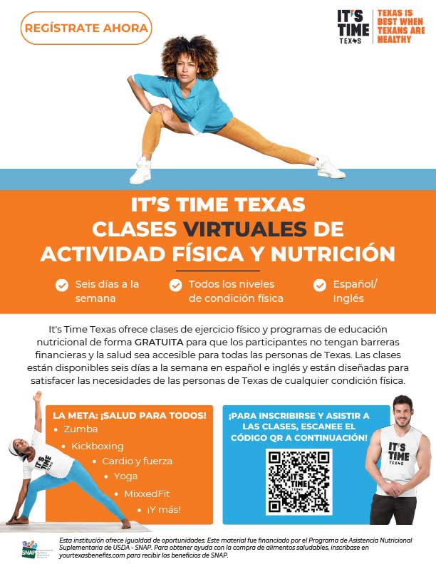 It's Time Texas Folleto gratuito de clases virtuales de educación sobre nutrición y actividad física